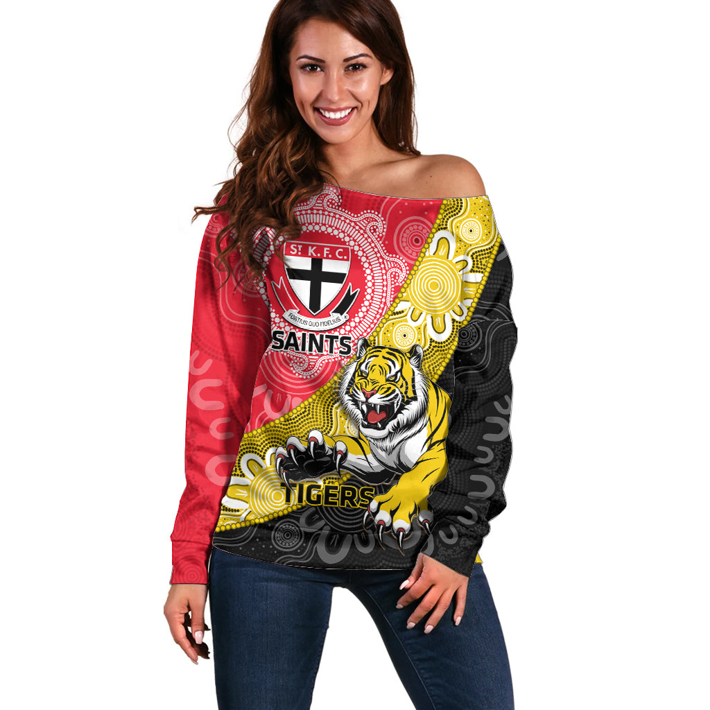 Personalised Richmond And St Kilda Football Off Shoulder Sweater Tigers Saints Together Aboriginal Art