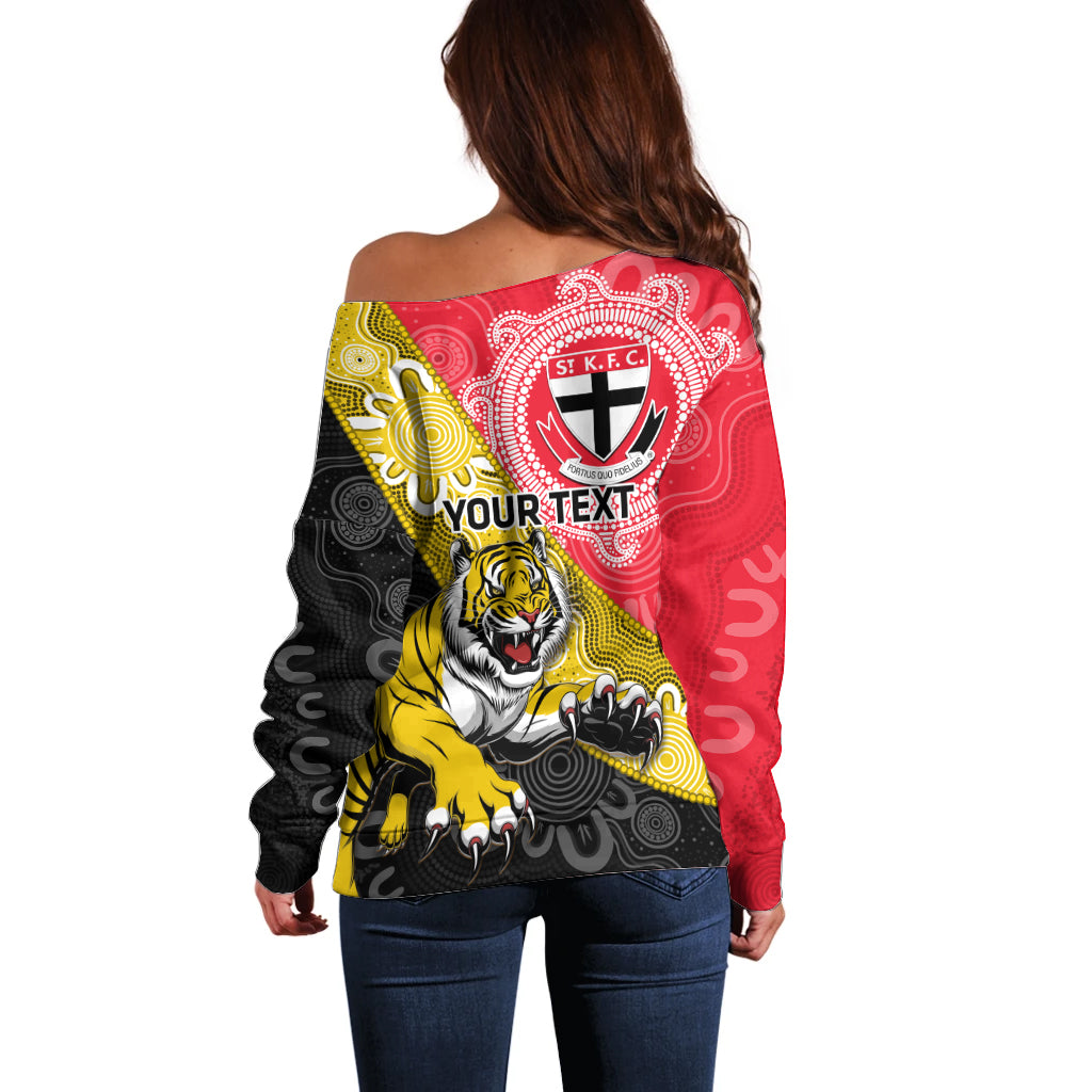 Personalised Richmond And St Kilda Football Off Shoulder Sweater Tigers Saints Together Aboriginal Art
