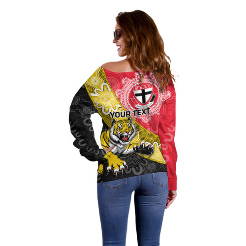 Personalised Richmond And St Kilda Football Off Shoulder Sweater Tigers Saints Together Aboriginal Art
