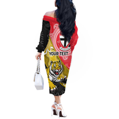 Personalised Richmond And St Kilda Football Off The Shoulder Long Sleeve Dress Tigers Saints Together Aboriginal Art