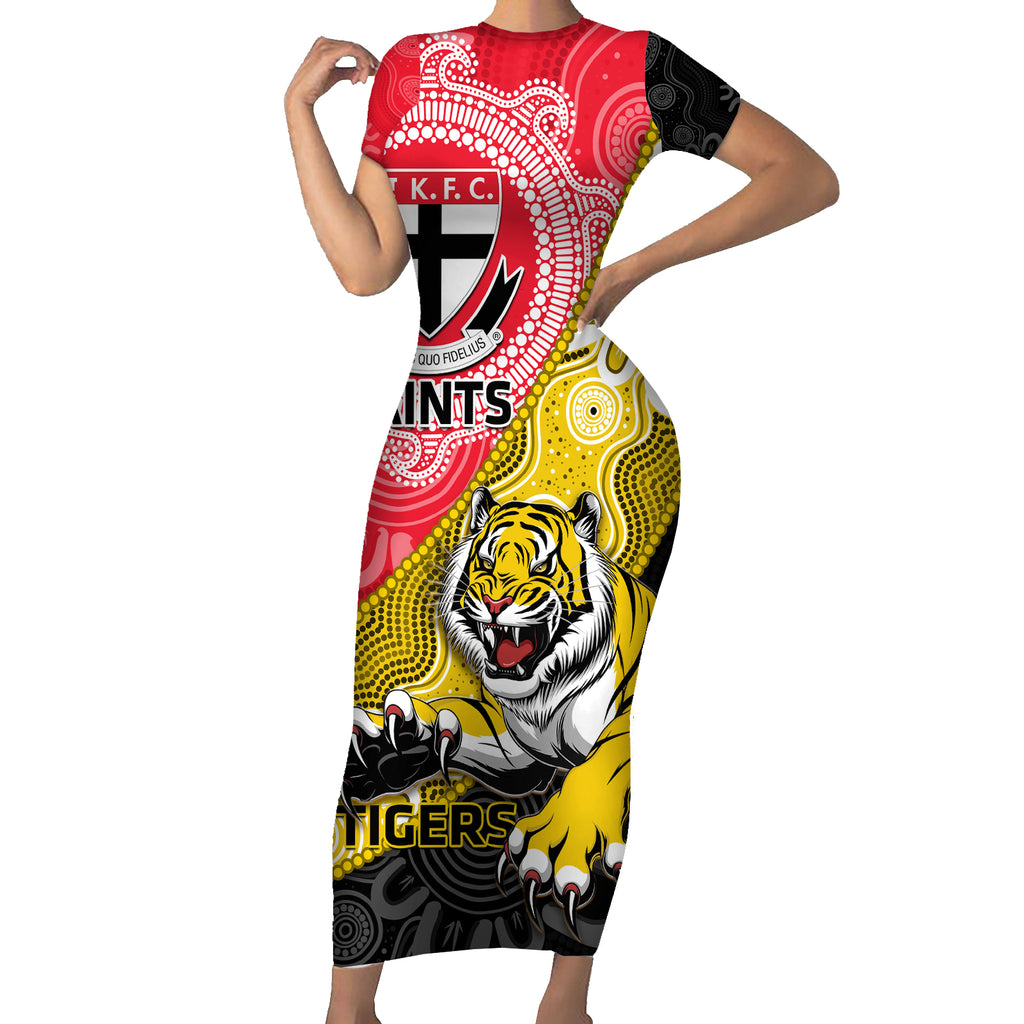 Personalised Richmond And St Kilda Football Short Sleeve Bodycon Dress Tigers Saints Together Aboriginal Art