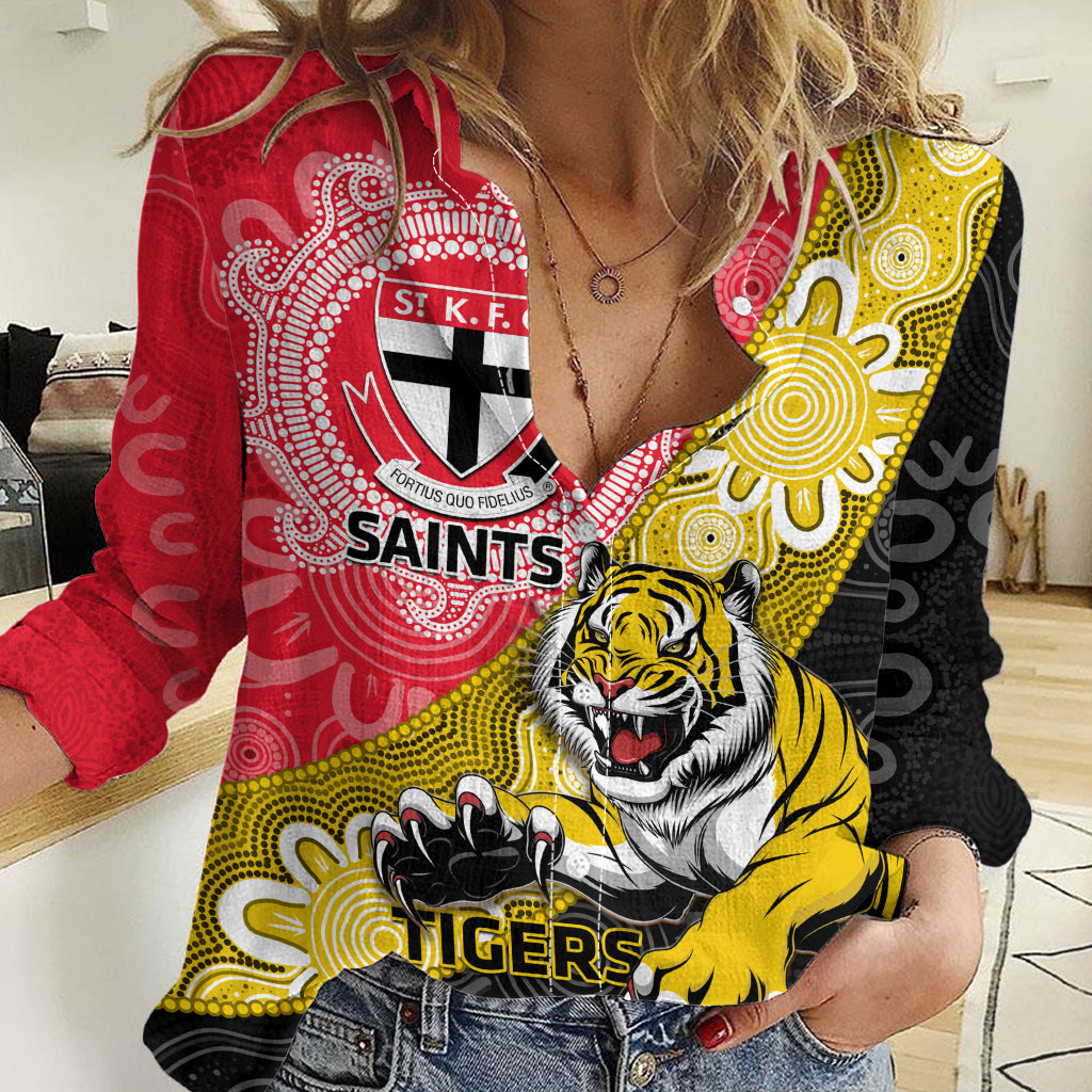Personalised Richmond And St Kilda Football Women Casual Shirt Tigers Saints Together Aboriginal Art