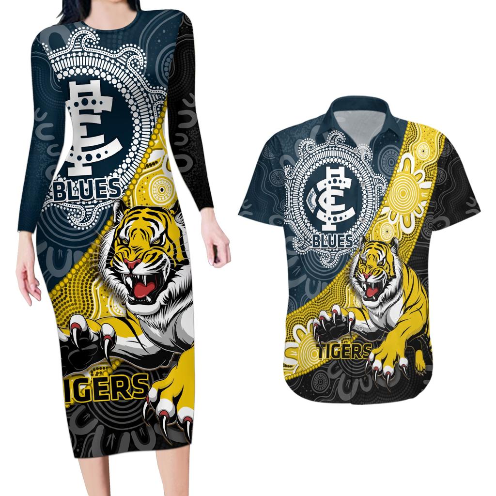 Personalised Richmond And Carlton Football Couples Matching Long Sleeve Bodycon Dress and Hawaiian Shirt Tigers BluesTogether Aboriginal Art