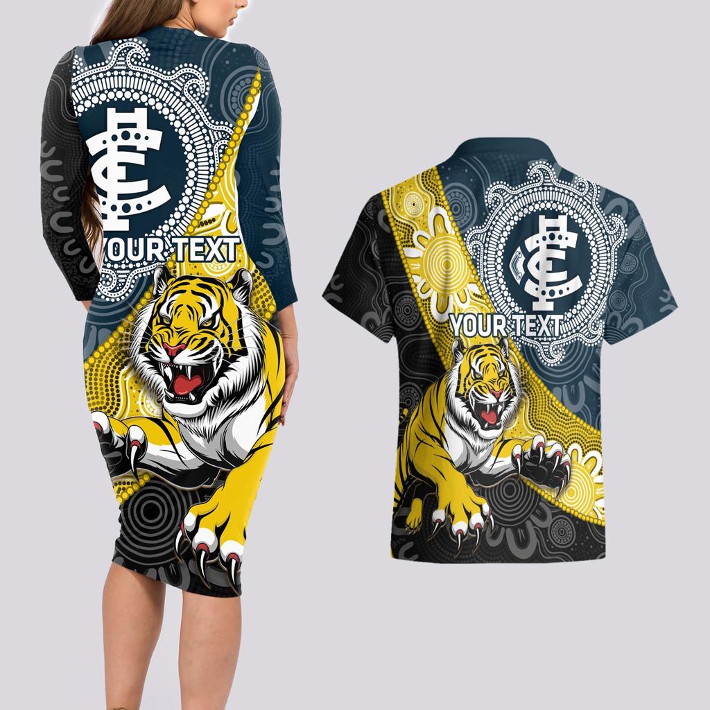 Personalised Richmond And Carlton Football Couples Matching Long Sleeve Bodycon Dress and Hawaiian Shirt Tigers BluesTogether Aboriginal Art