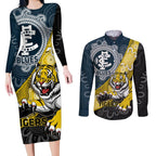 Personalised Richmond And Carlton Football Couples Matching Long Sleeve Bodycon Dress and Long Sleeve Button Shirt Tigers BluesTogether Aboriginal Art