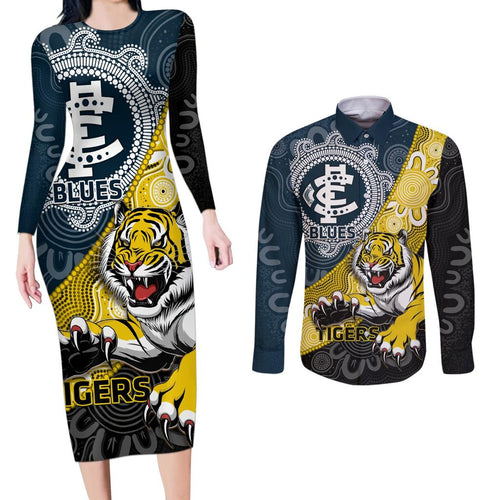 Personalised Richmond And Carlton Football Couples Matching Long Sleeve Bodycon Dress and Long Sleeve Button Shirt Tigers BluesTogether Aboriginal Art