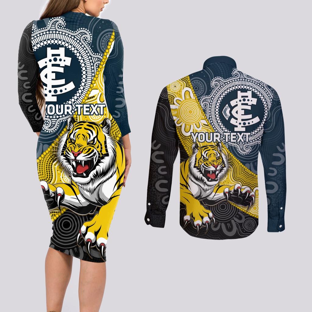 Personalised Richmond And Carlton Football Couples Matching Long Sleeve Bodycon Dress and Long Sleeve Button Shirt Tigers BluesTogether Aboriginal Art