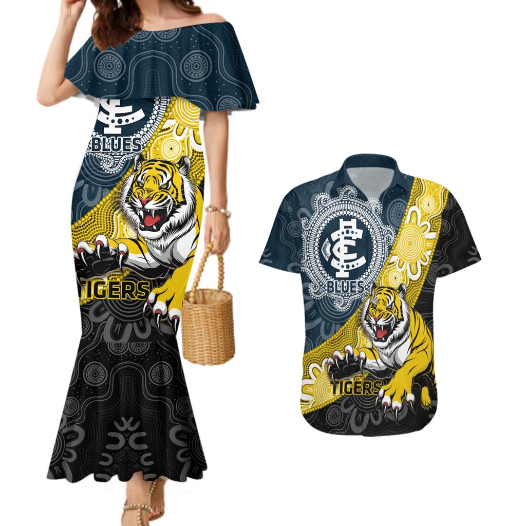 Personalised Richmond And Carlton Football Couples Matching Mermaid Dress and Hawaiian Shirt Tigers BluesTogether Aboriginal Art