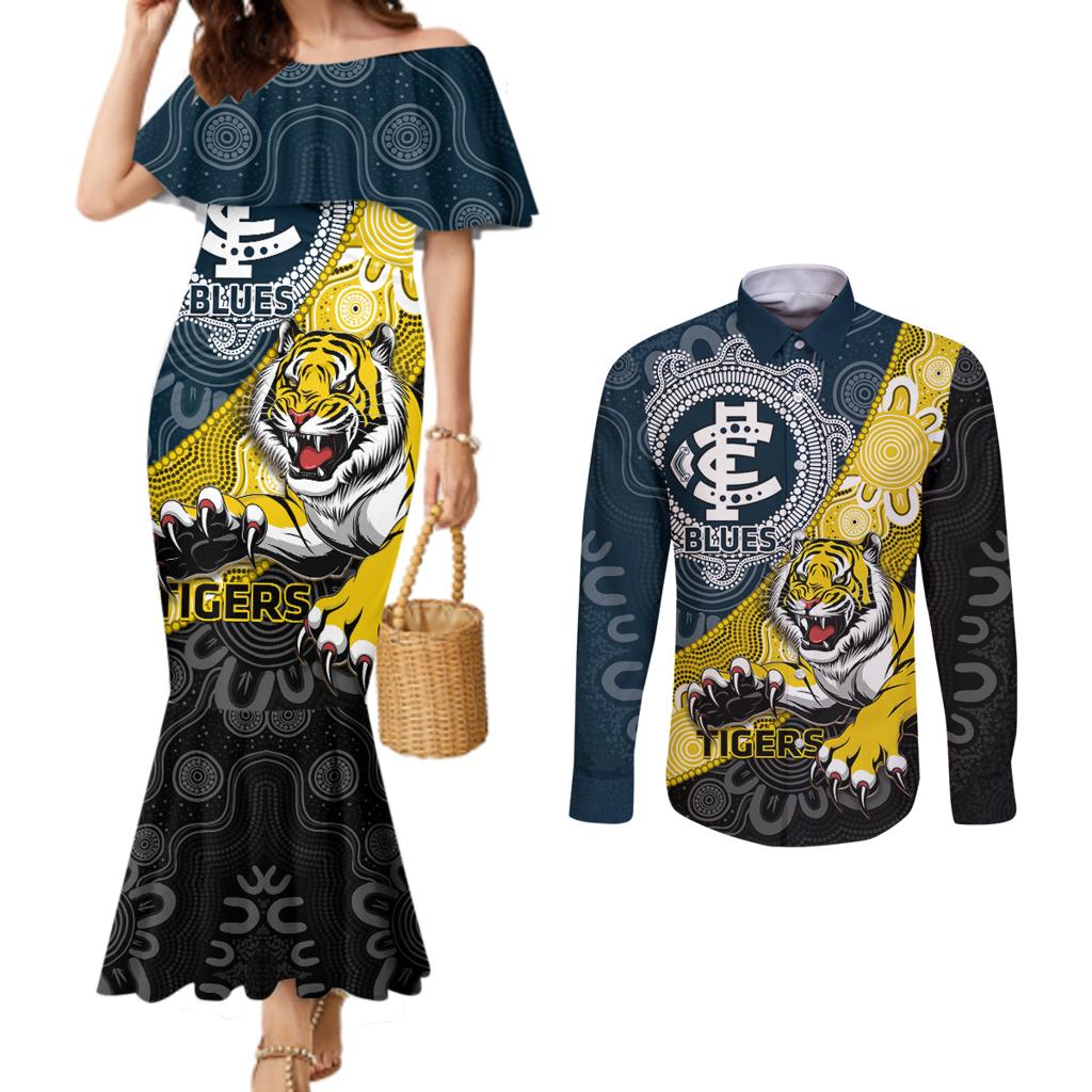 Personalised Richmond And Carlton Football Couples Matching Mermaid Dress and Long Sleeve Button Shirt Tigers BluesTogether Aboriginal Art