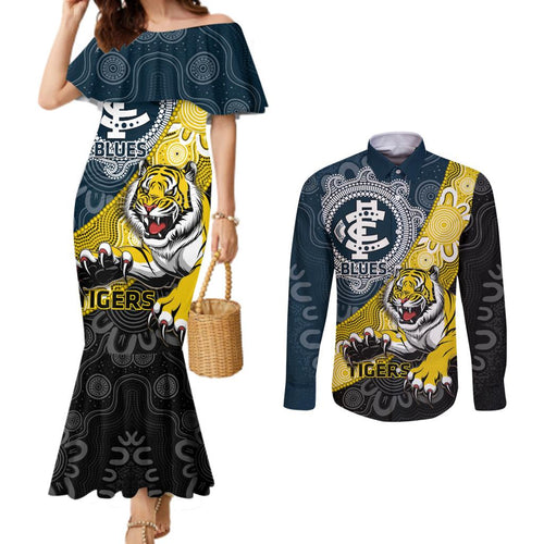 Personalised Richmond And Carlton Football Couples Matching Mermaid Dress and Long Sleeve Button Shirt Tigers BluesTogether Aboriginal Art
