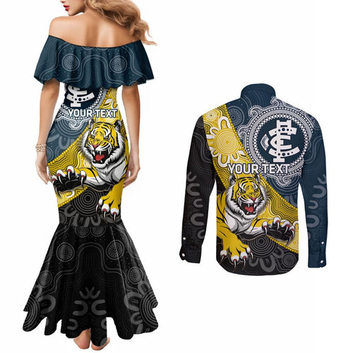 Personalised Richmond And Carlton Football Couples Matching Mermaid Dress and Long Sleeve Button Shirt Tigers BluesTogether Aboriginal Art