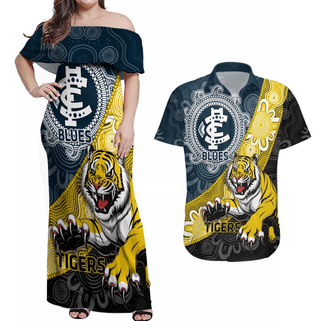 Personalised Richmond And Carlton Football Couples Matching Off Shoulder Maxi Dress and Hawaiian Shirt Tigers BluesTogether Aboriginal Art