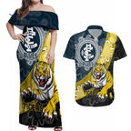 Personalised Richmond And Carlton Football Couples Matching Off Shoulder Maxi Dress and Hawaiian Shirt Tigers BluesTogether Aboriginal Art