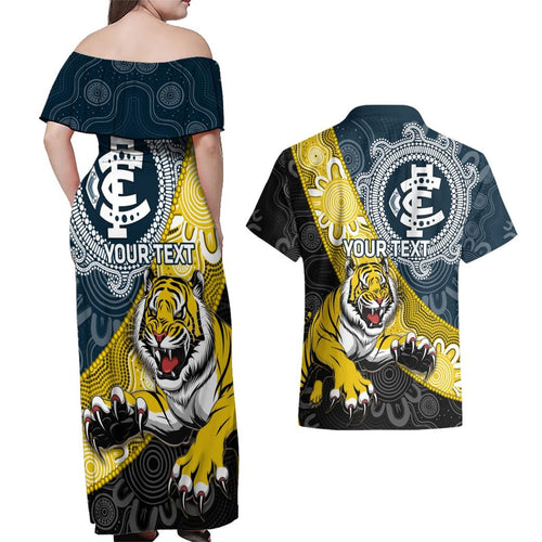 Personalised Richmond And Carlton Football Couples Matching Off Shoulder Maxi Dress and Hawaiian Shirt Tigers BluesTogether Aboriginal Art