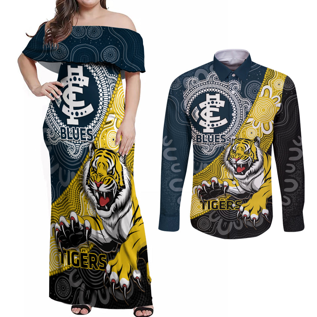 Personalised Richmond And Carlton Football Couples Matching Off Shoulder Maxi Dress and Long Sleeve Button Shirt Tigers BluesTogether Aboriginal Art