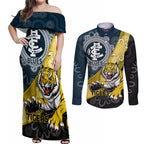 Personalised Richmond And Carlton Football Couples Matching Off Shoulder Maxi Dress and Long Sleeve Button Shirt Tigers BluesTogether Aboriginal Art
