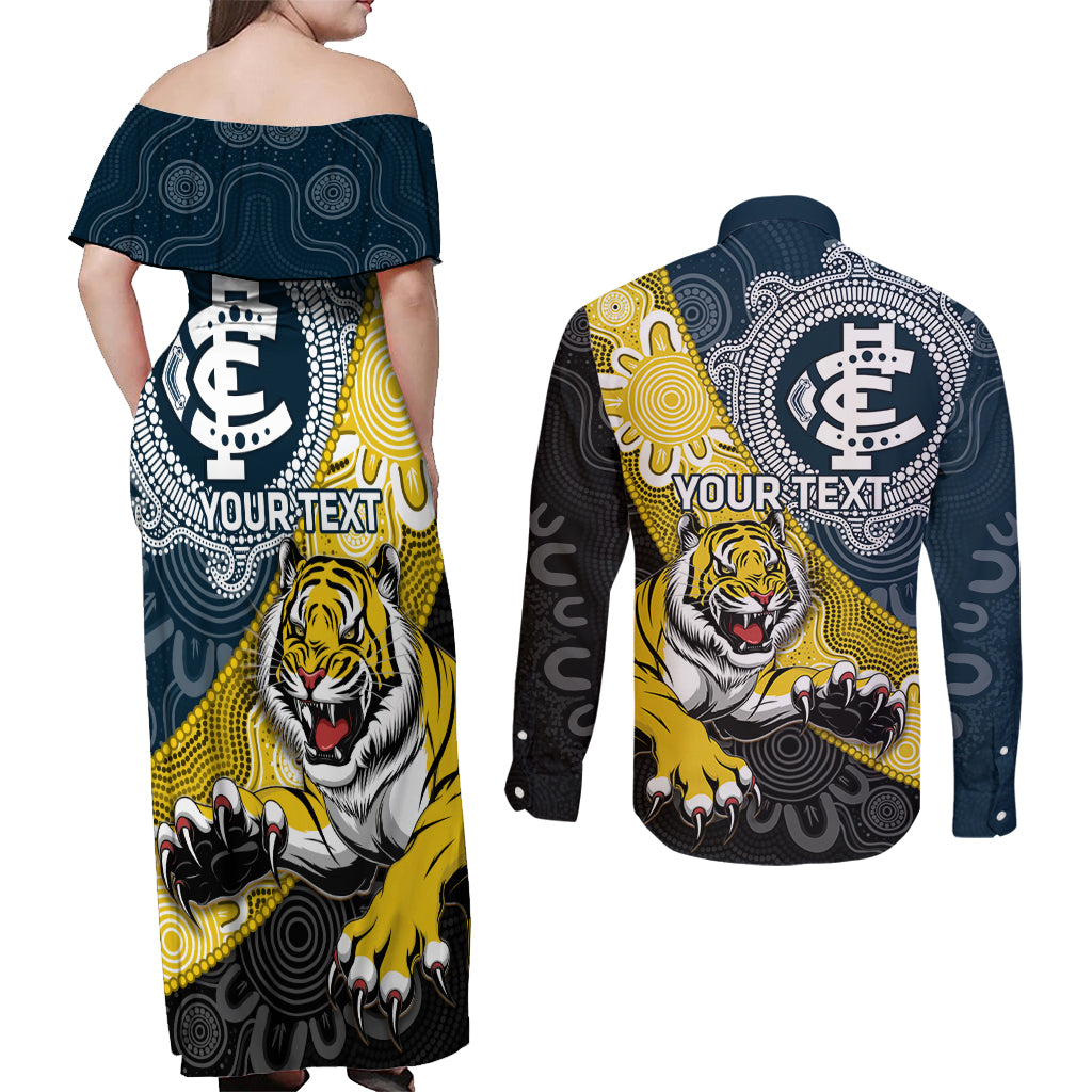 Personalised Richmond And Carlton Football Couples Matching Off Shoulder Maxi Dress and Long Sleeve Button Shirt Tigers BluesTogether Aboriginal Art