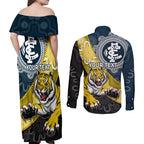 Personalised Richmond And Carlton Football Couples Matching Off Shoulder Maxi Dress and Long Sleeve Button Shirt Tigers BluesTogether Aboriginal Art
