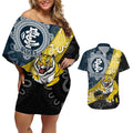 Personalised Richmond And Carlton Football Couples Matching Off Shoulder Short Dress and Hawaiian Shirt Tigers BluesTogether Aboriginal Art