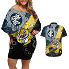Personalised Richmond And Carlton Football Couples Matching Off Shoulder Short Dress and Hawaiian Shirt Tigers BluesTogether Aboriginal Art