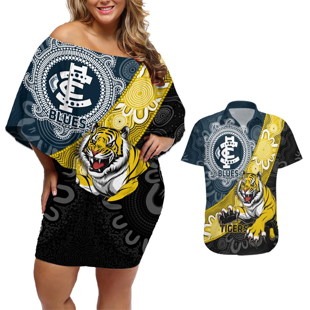Personalised Richmond And Carlton Football Couples Matching Off Shoulder Short Dress and Hawaiian Shirt Tigers BluesTogether Aboriginal Art
