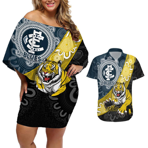 Personalised Richmond And Carlton Football Couples Matching Off Shoulder Short Dress and Hawaiian Shirt Tigers BluesTogether Aboriginal Art