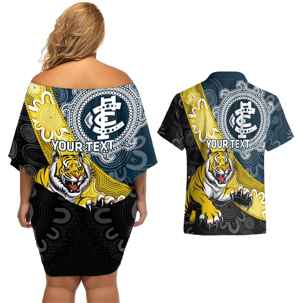 Personalised Richmond And Carlton Football Couples Matching Off Shoulder Short Dress and Hawaiian Shirt Tigers BluesTogether Aboriginal Art