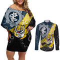 Personalised Richmond And Carlton Football Couples Matching Off Shoulder Short Dress and Long Sleeve Button Shirt Tigers BluesTogether Aboriginal Art