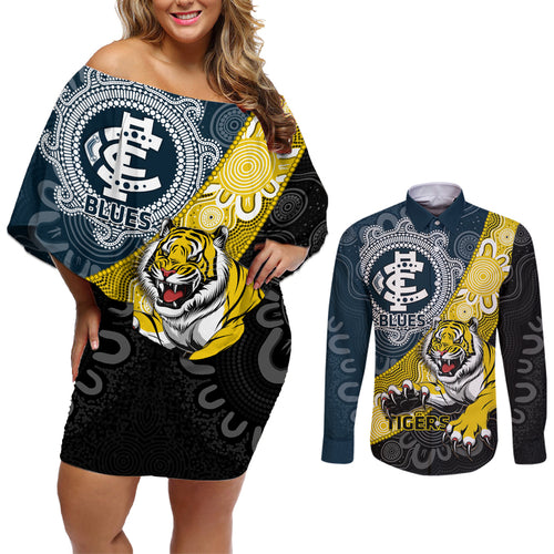 Personalised Richmond And Carlton Football Couples Matching Off Shoulder Short Dress and Long Sleeve Button Shirt Tigers BluesTogether Aboriginal Art