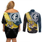 Personalised Richmond And Carlton Football Couples Matching Off Shoulder Short Dress and Long Sleeve Button Shirt Tigers BluesTogether Aboriginal Art