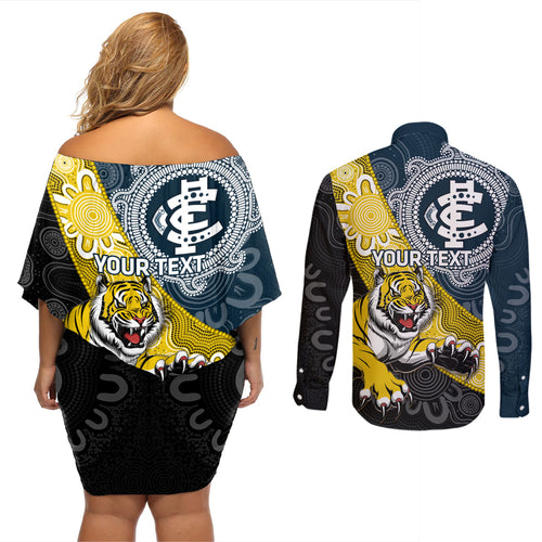 Personalised Richmond And Carlton Football Couples Matching Off Shoulder Short Dress and Long Sleeve Button Shirt Tigers BluesTogether Aboriginal Art