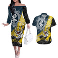 Personalised Richmond And Carlton Football Couples Matching Off The Shoulder Long Sleeve Dress and Hawaiian Shirt Tigers BluesTogether Aboriginal Art