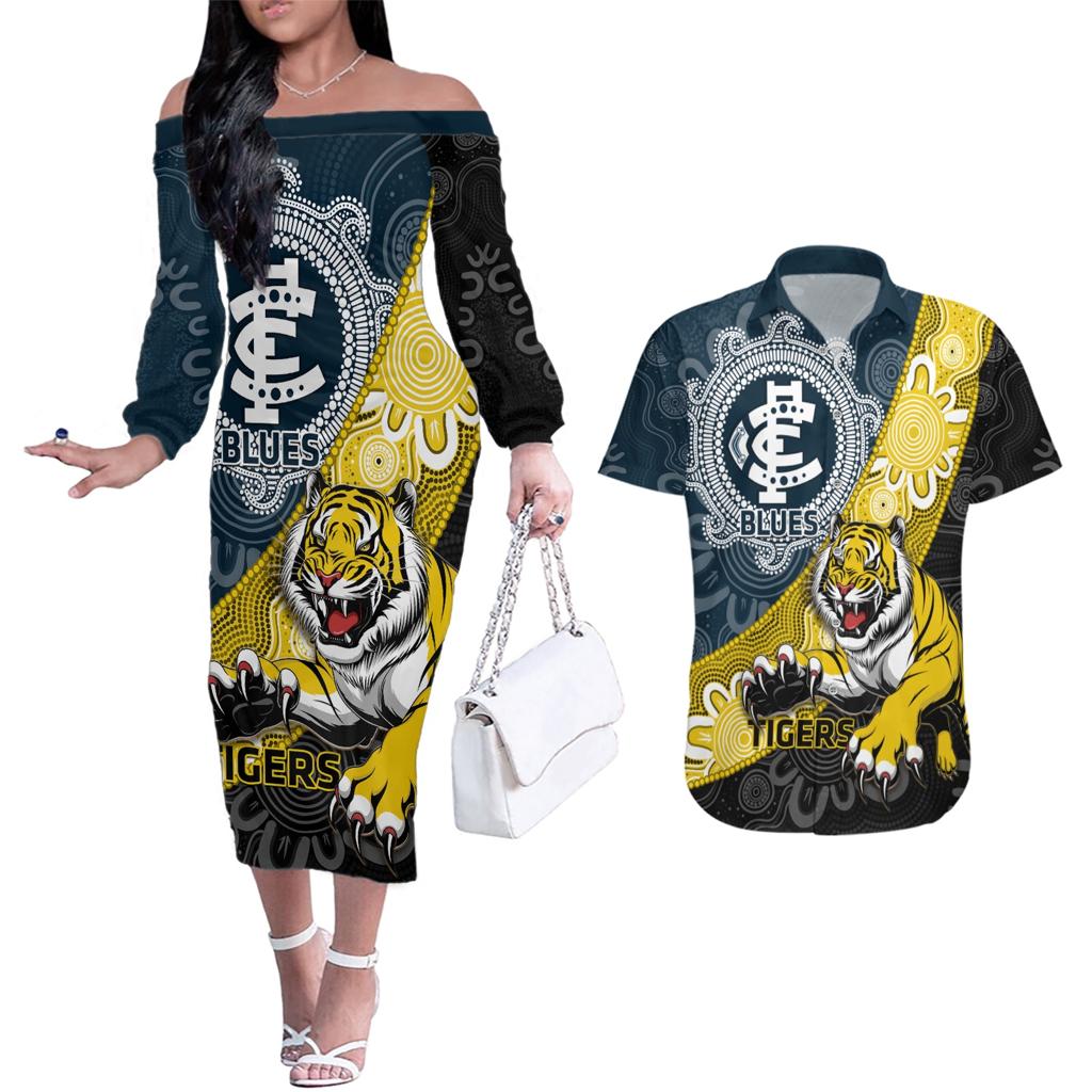 Personalised Richmond And Carlton Football Couples Matching Off The Shoulder Long Sleeve Dress and Hawaiian Shirt Tigers BluesTogether Aboriginal Art