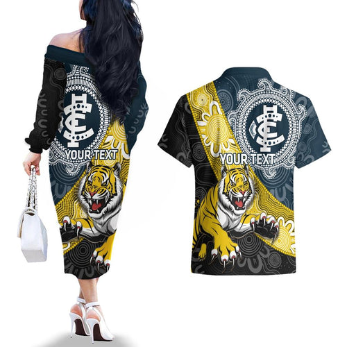 Personalised Richmond And Carlton Football Couples Matching Off The Shoulder Long Sleeve Dress and Hawaiian Shirt Tigers BluesTogether Aboriginal Art