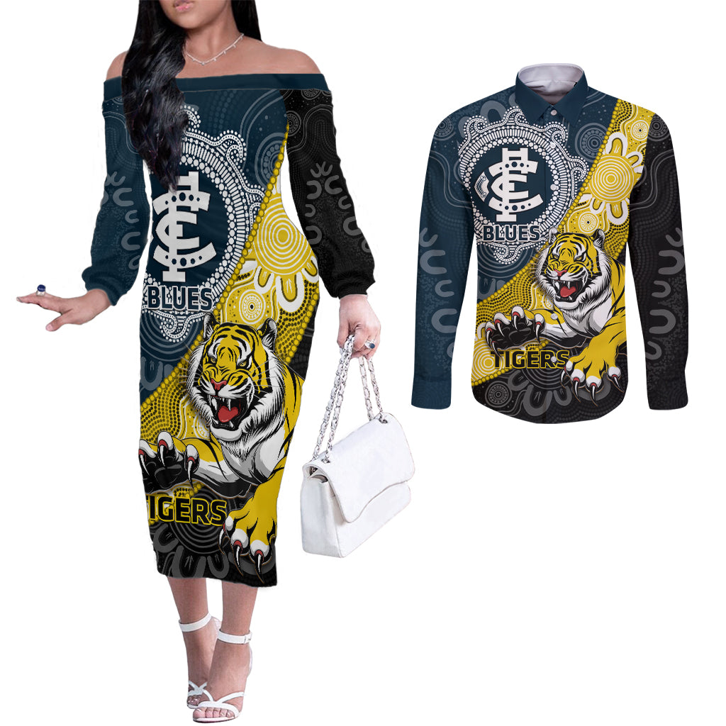 Personalised Richmond And Carlton Football Couples Matching Off The Shoulder Long Sleeve Dress and Long Sleeve Button Shirt Tigers BluesTogether Aboriginal Art