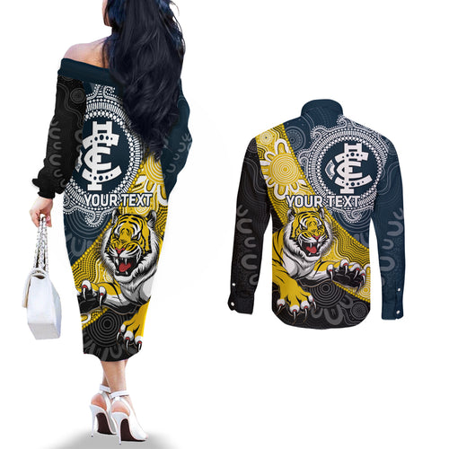Personalised Richmond And Carlton Football Couples Matching Off The Shoulder Long Sleeve Dress and Long Sleeve Button Shirt Tigers BluesTogether Aboriginal Art