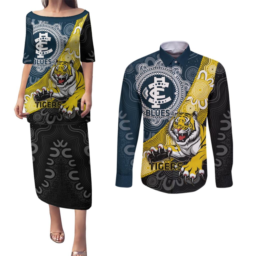 Personalised Richmond And Carlton Football Couples Matching Puletasi and Long Sleeve Button Shirt Tigers BluesTogether Aboriginal Art
