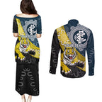 Personalised Richmond And Carlton Football Couples Matching Puletasi and Long Sleeve Button Shirt Tigers BluesTogether Aboriginal Art