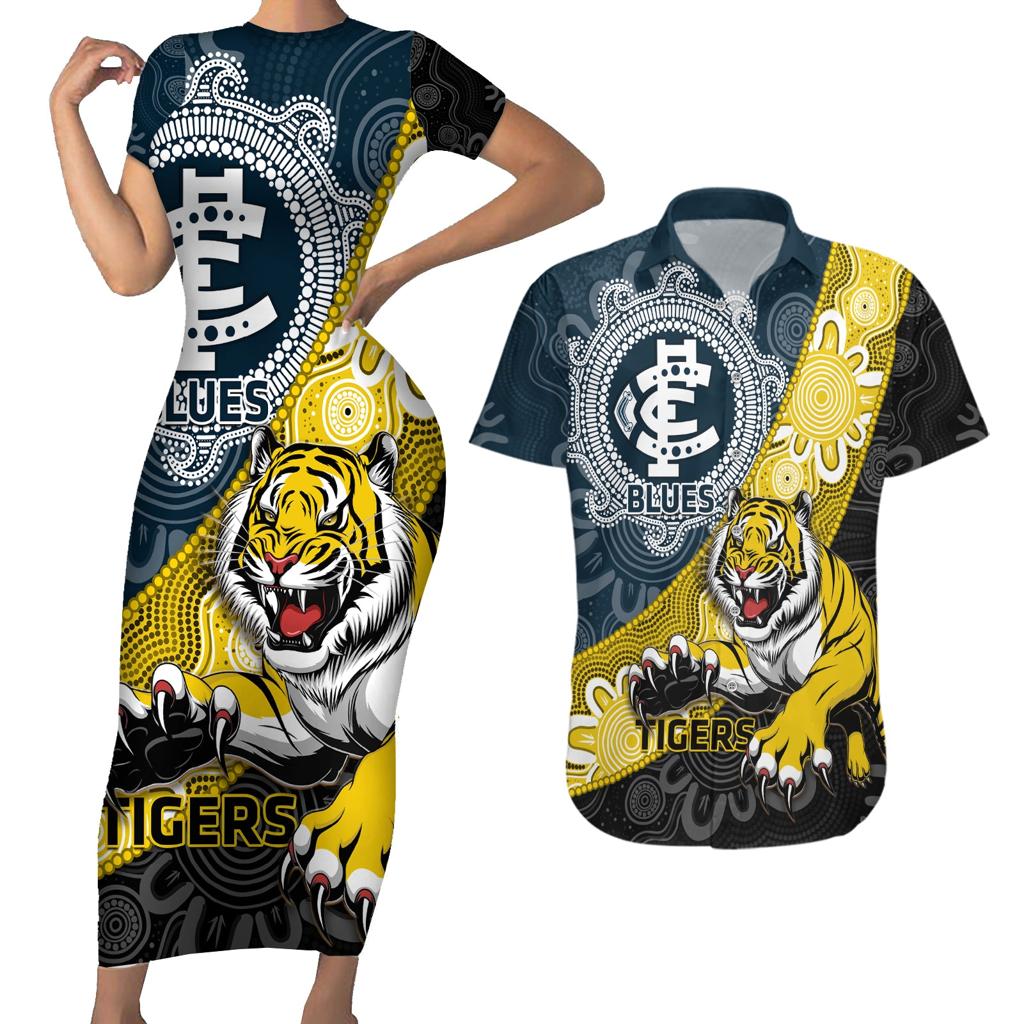 Personalised Richmond And Carlton Football Couples Matching Short Sleeve Bodycon Dress and Hawaiian Shirt Tigers BluesTogether Aboriginal Art
