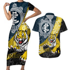 Personalised Richmond And Carlton Football Couples Matching Short Sleeve Bodycon Dress and Hawaiian Shirt Tigers BluesTogether Aboriginal Art