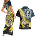 Personalised Richmond And Carlton Football Couples Matching Short Sleeve Bodycon Dress and Hawaiian Shirt Tigers BluesTogether Aboriginal Art