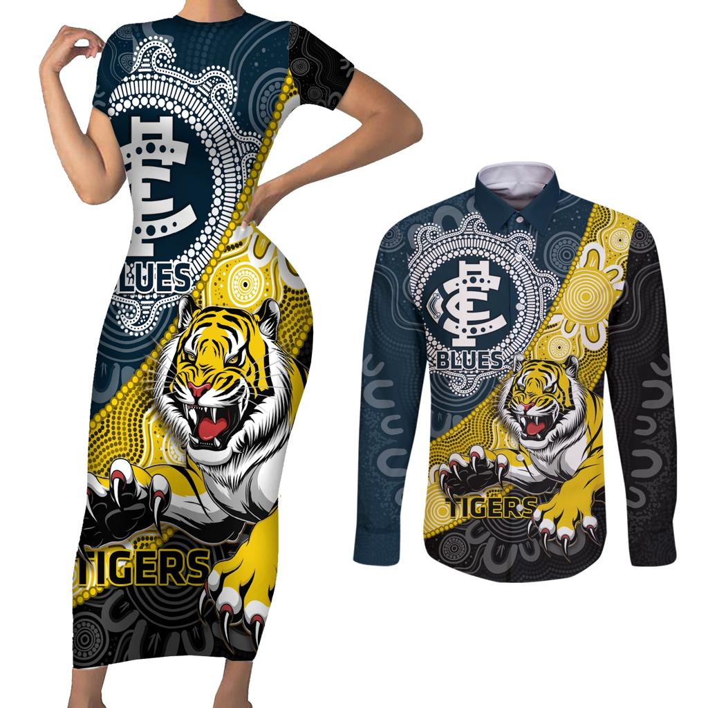 Personalised Richmond And Carlton Football Couples Matching Short Sleeve Bodycon Dress and Long Sleeve Button Shirt Tigers BluesTogether Aboriginal Art