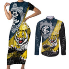 Personalised Richmond And Carlton Football Couples Matching Short Sleeve Bodycon Dress and Long Sleeve Button Shirt Tigers BluesTogether Aboriginal Art