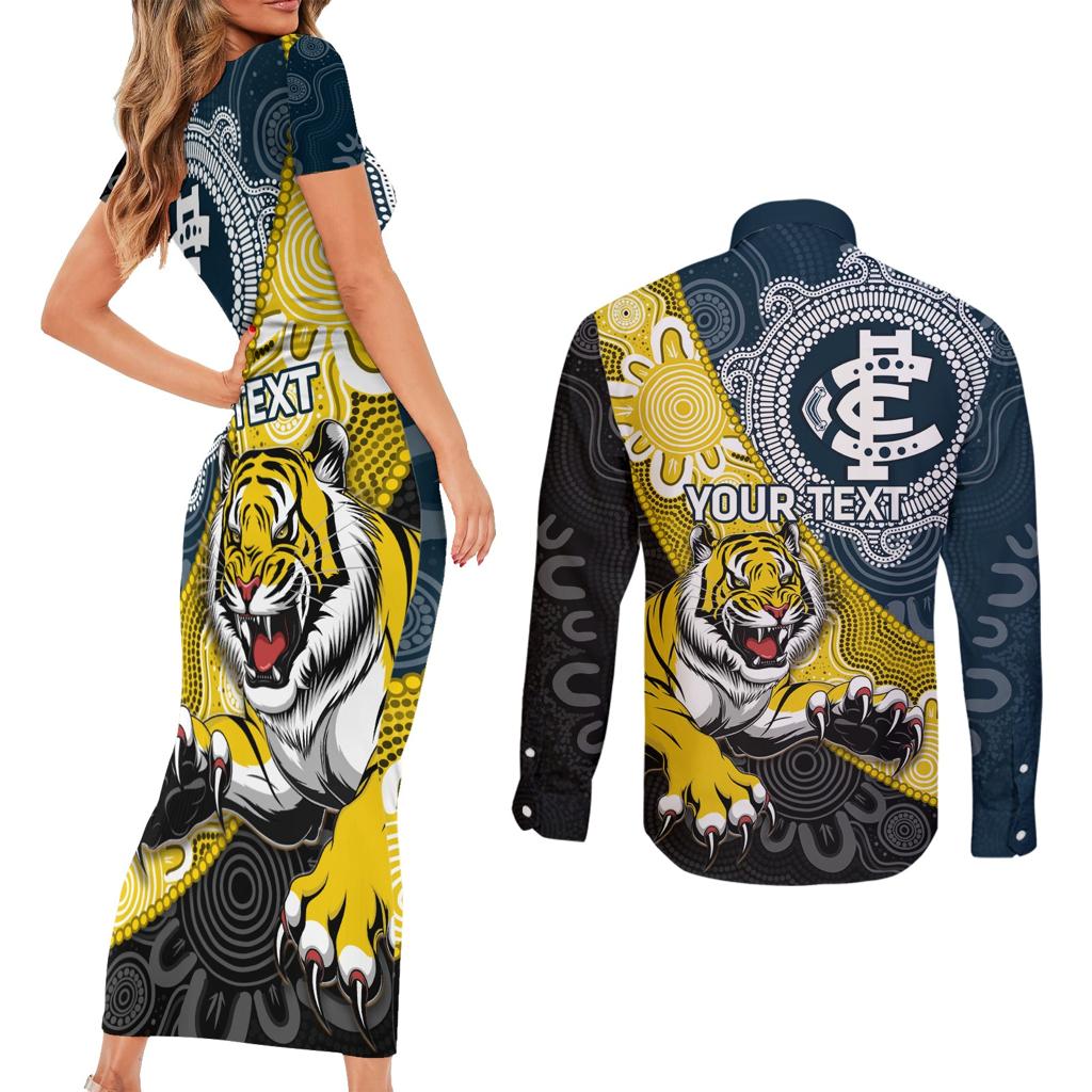 Personalised Richmond And Carlton Football Couples Matching Short Sleeve Bodycon Dress and Long Sleeve Button Shirt Tigers BluesTogether Aboriginal Art