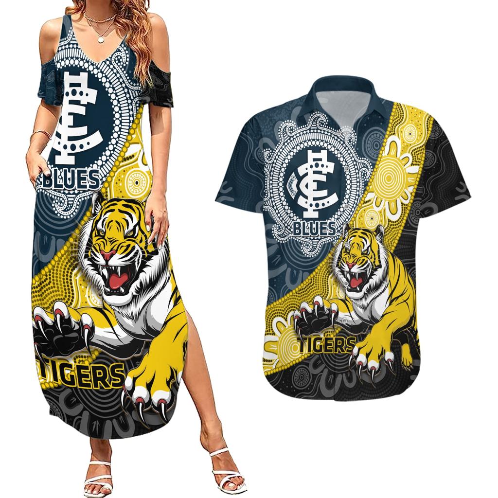 Personalised Richmond And Carlton Football Couples Matching Summer Maxi Dress and Hawaiian Shirt Tigers BluesTogether Aboriginal Art