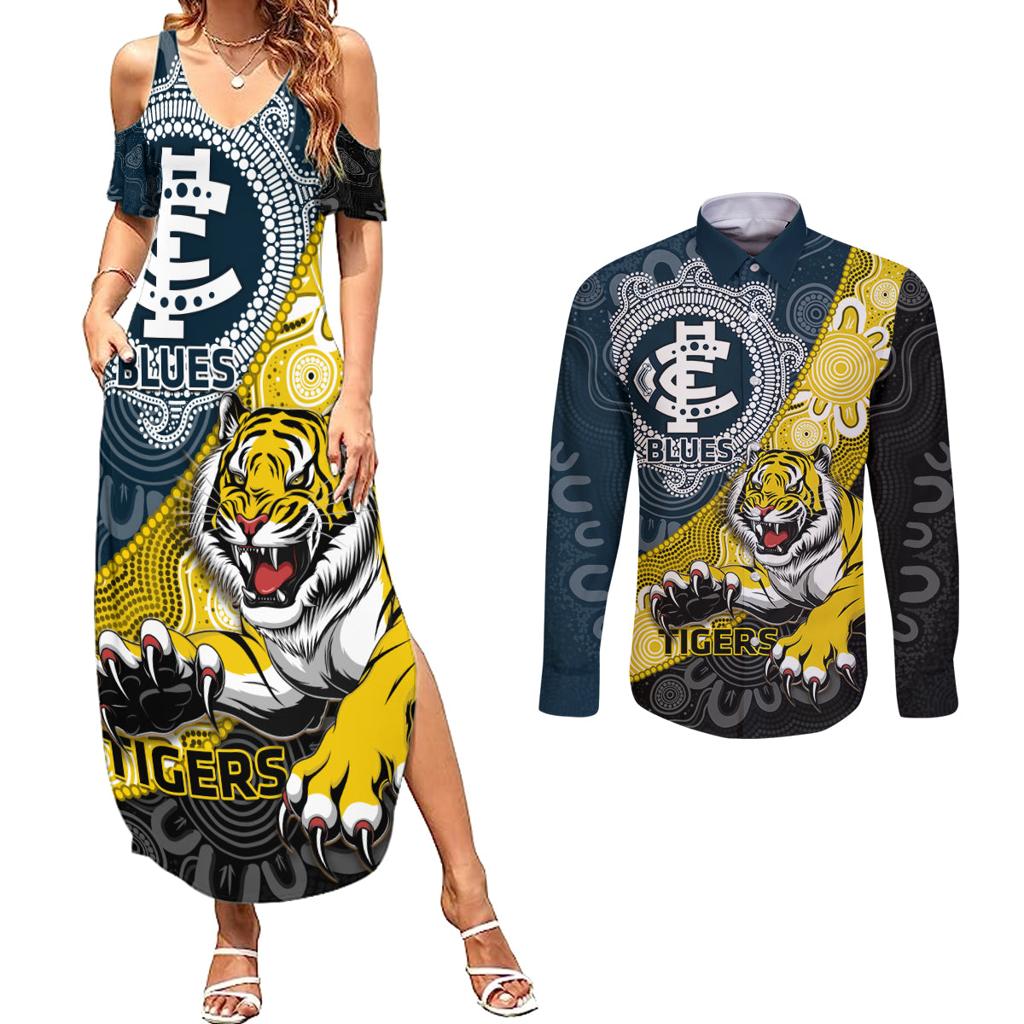 Personalised Richmond And Carlton Football Couples Matching Summer Maxi Dress and Long Sleeve Button Shirt Tigers BluesTogether Aboriginal Art