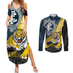 Personalised Richmond And Carlton Football Couples Matching Summer Maxi Dress and Long Sleeve Button Shirt Tigers BluesTogether Aboriginal Art