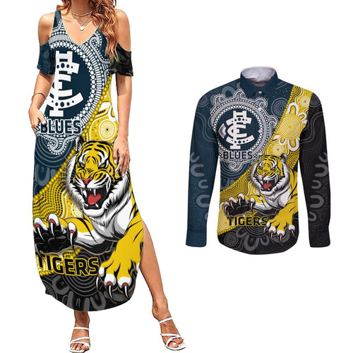 Personalised Richmond And Carlton Football Couples Matching Summer Maxi Dress and Long Sleeve Button Shirt Tigers BluesTogether Aboriginal Art
