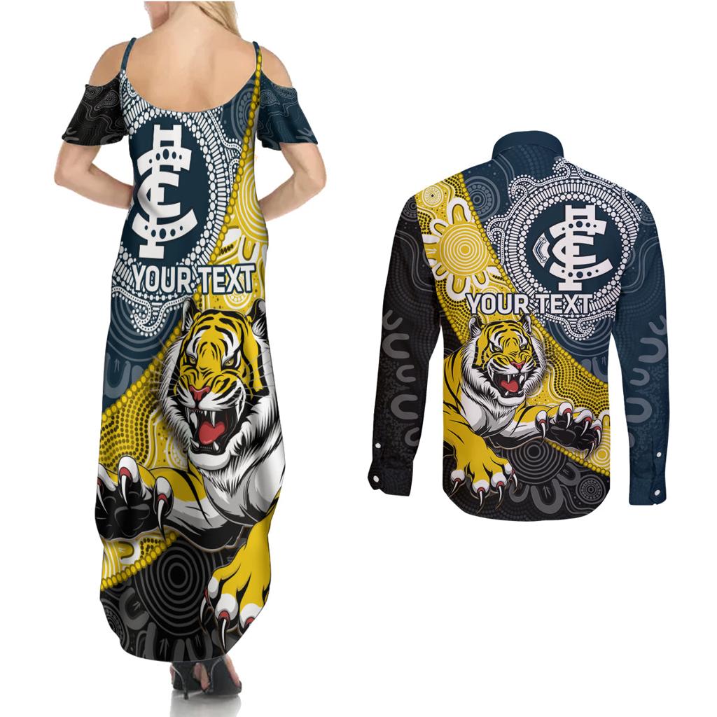 Personalised Richmond And Carlton Football Couples Matching Summer Maxi Dress and Long Sleeve Button Shirt Tigers BluesTogether Aboriginal Art