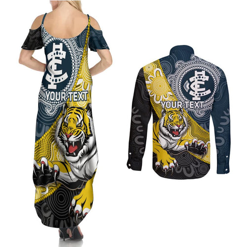 Personalised Richmond And Carlton Football Couples Matching Summer Maxi Dress and Long Sleeve Button Shirt Tigers BluesTogether Aboriginal Art